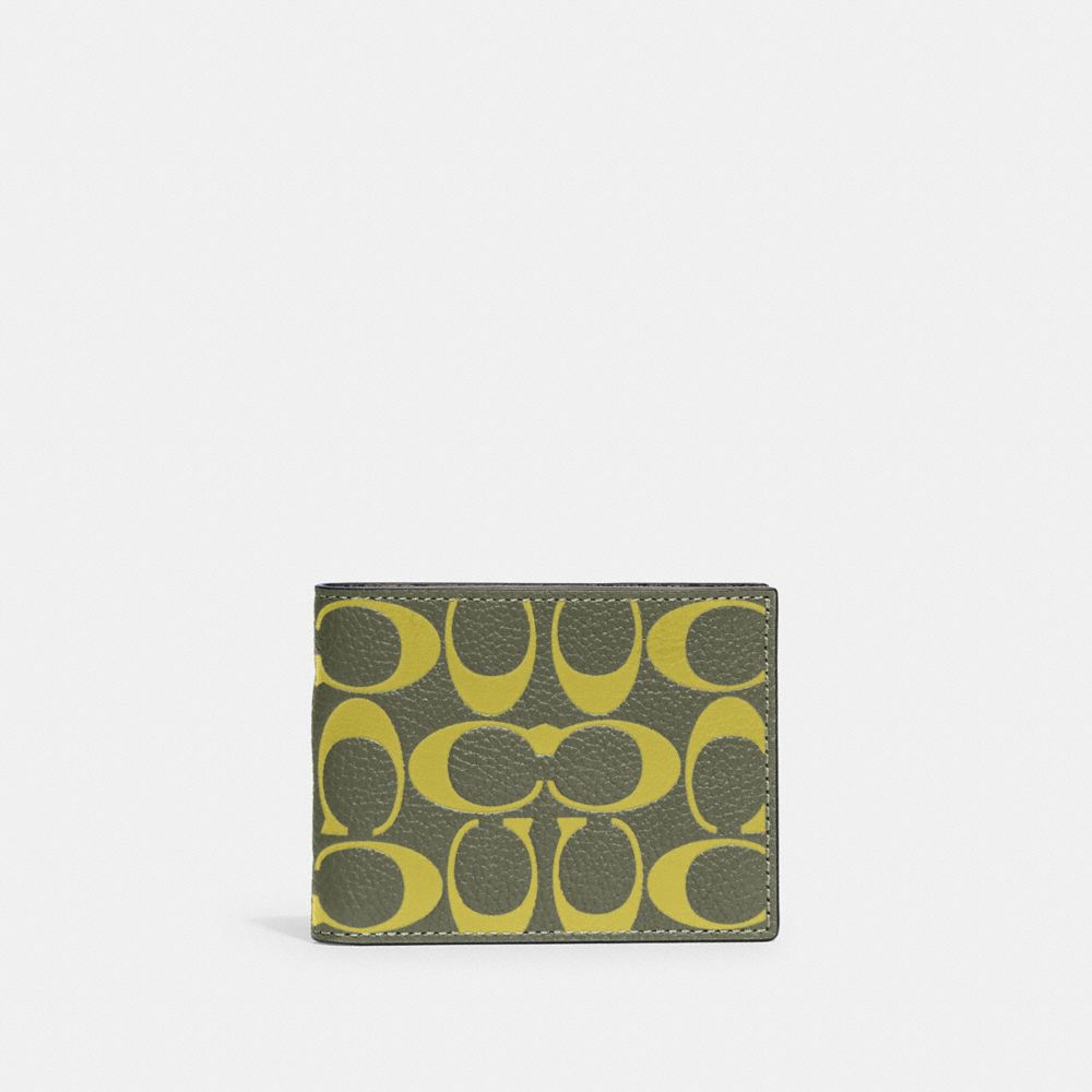 Slim Billfold Wallet In Signature Leather - CA550 - Army Green/Key Lime