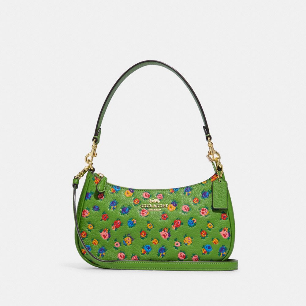 Teri Shoulder Bag With Mini Vintage Rose Print - CA616 - IM/NEON GREEN MULTI