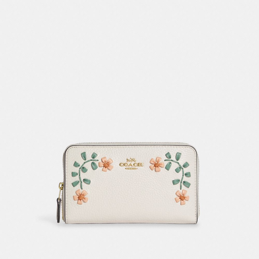 COACH CA636 - Medium Id Zip Wallet With Floral Whipstitch GOLD/CHALK MULTI