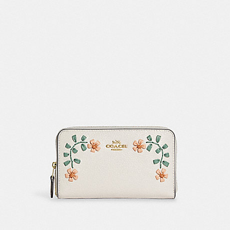 COACH Medium Id Zip Wallet With Floral Whipstitch - GOLD/CHALK MULTI - CA636