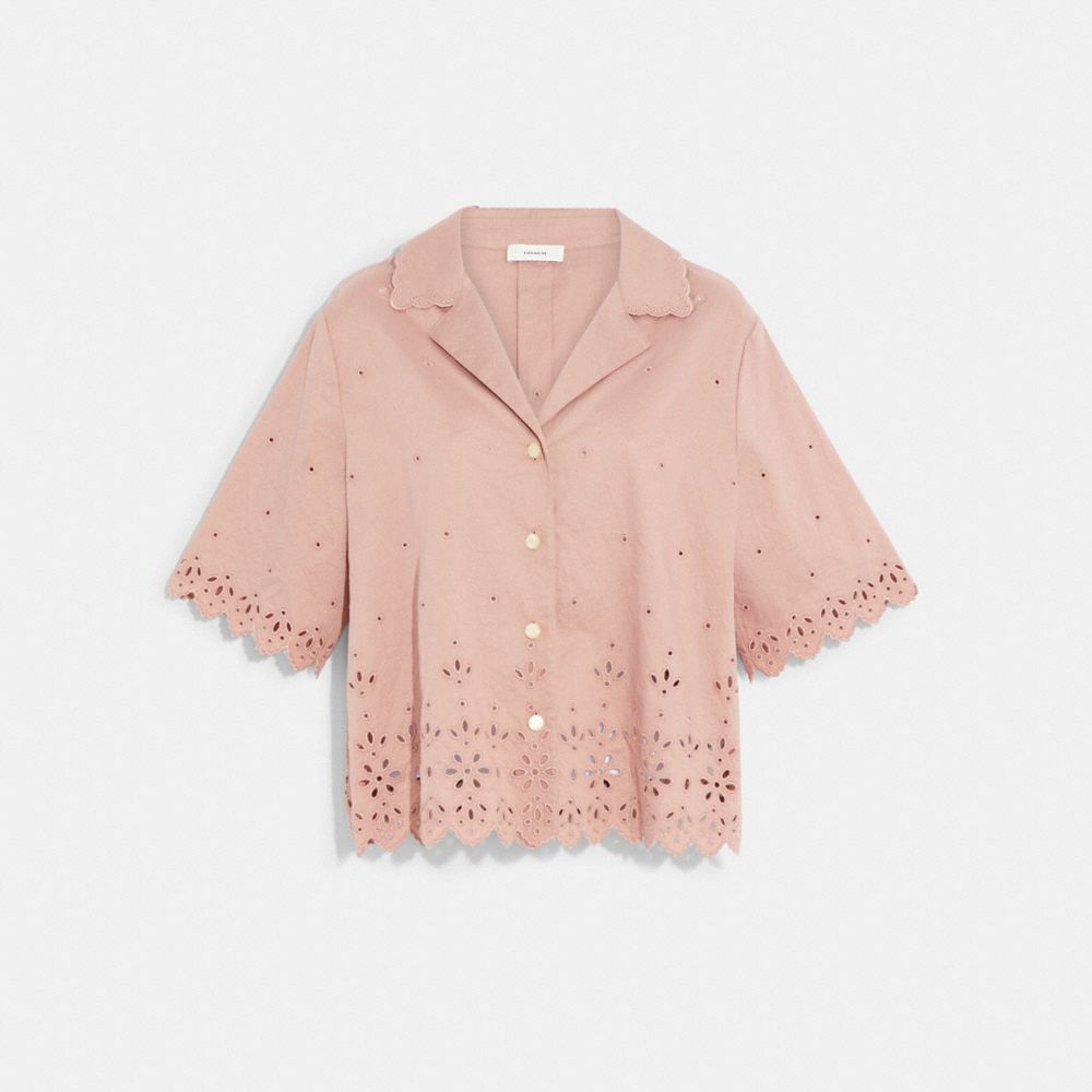 COACH CA671 Broderie Anglaise Camp Shirt In Organic Cotton Faded Pink