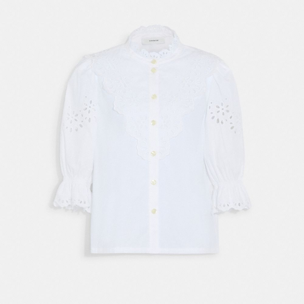CA673 - Broderie Anglaise Bib Shirt In Organic Cotton OFF WHITE