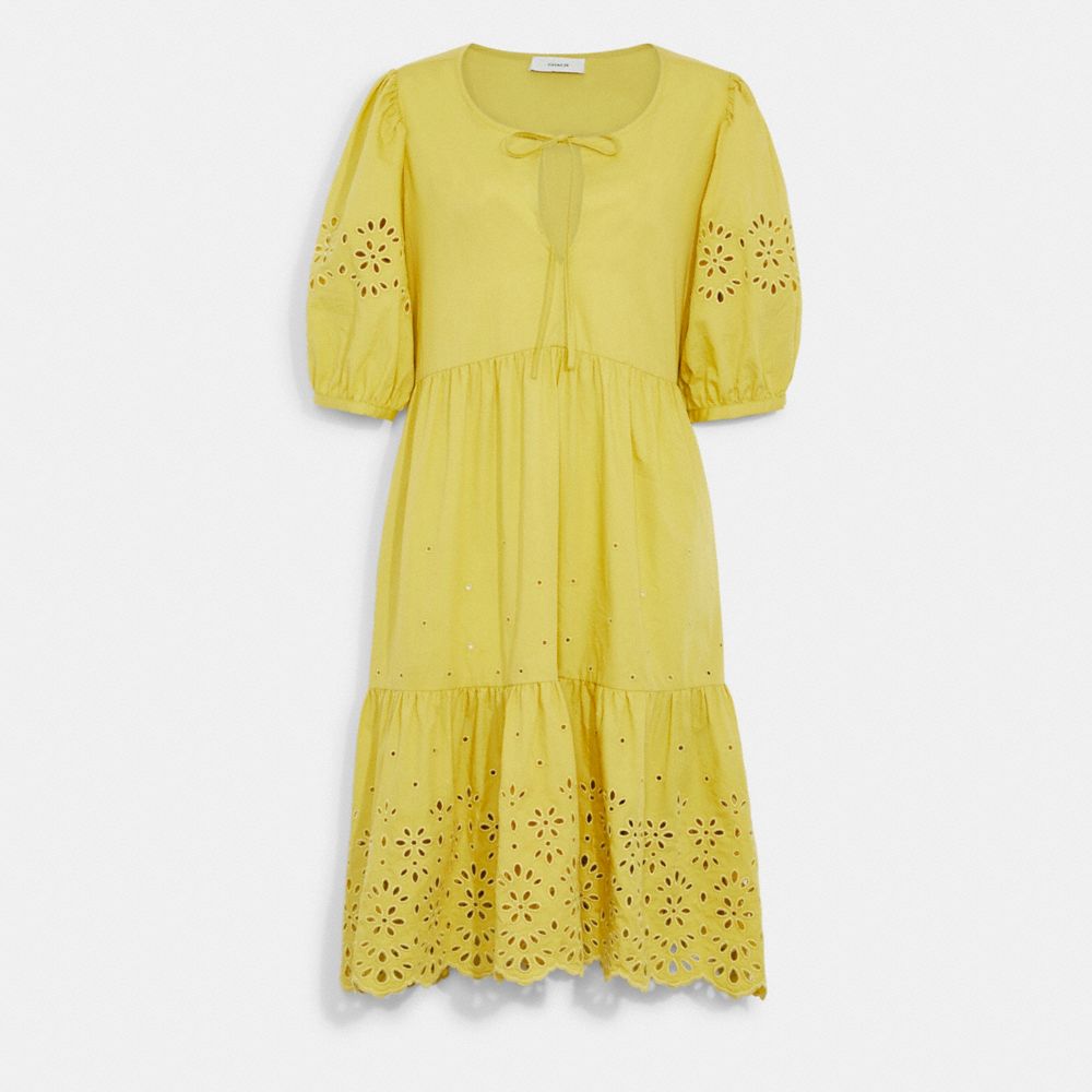 COACH CA677 Broderie Anglaise Puff Sleeve Dress In Organic Cotton YELLOW