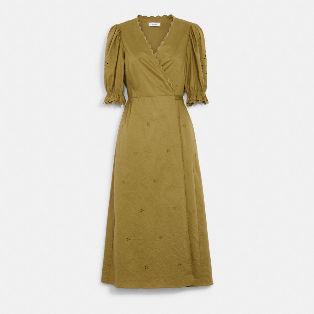 COACH CA678 Broderie Anglaise Wrap Dress In Organic Cotton DARK OLIVE