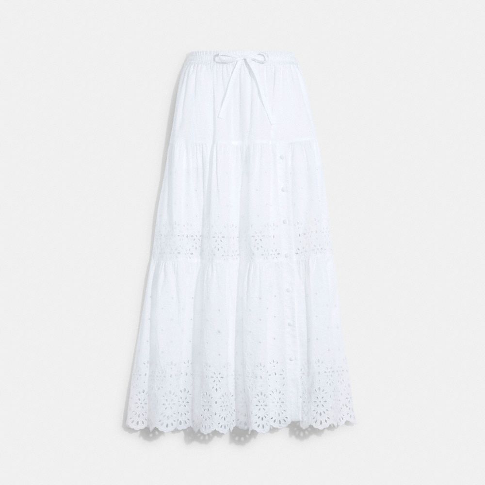 COACH CA689 Broderie Anglaise Long Skirt In Organic Cotton White