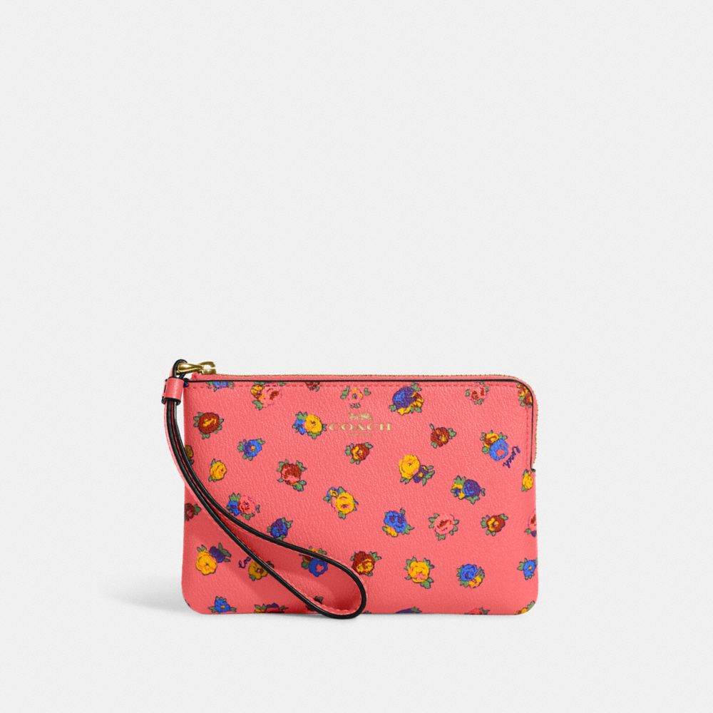 COACH CA716 - Corner Zip Wristlet With Mini Vintage Rose Print GOLD/PINK LEMONADE MULTI