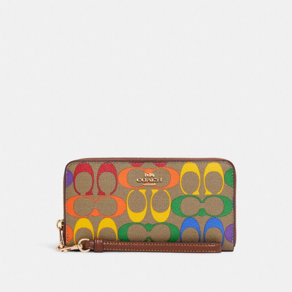 COACH CA720 Long Zip Around Wallet In Rainbow Signature Canvas GOLD/KHAKI MULTI