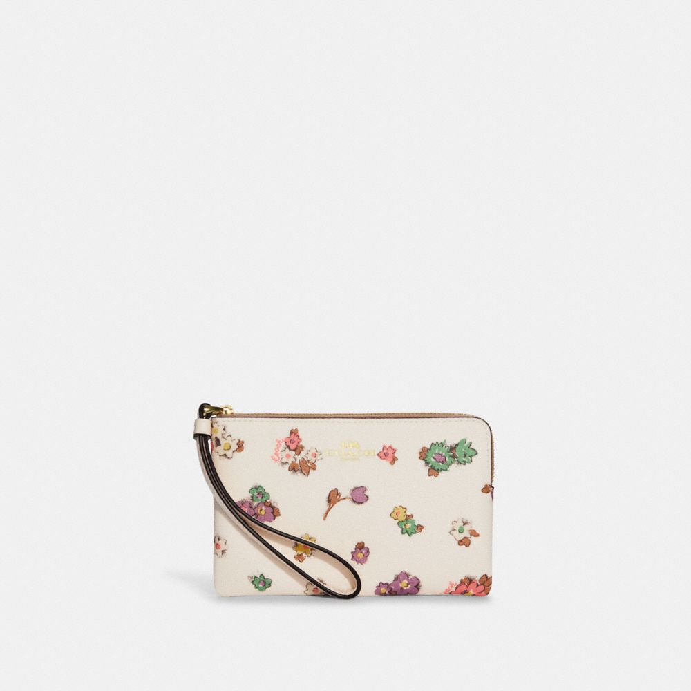 COACH CA735 Corner Zip Wristlet With Spaced Floral Field Print Gold/Chalk Multi