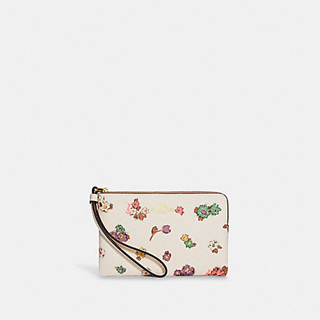 COACH CA735 Corner Zip Wristlet With Spaced Floral Field Print Gold/Chalk-Multi