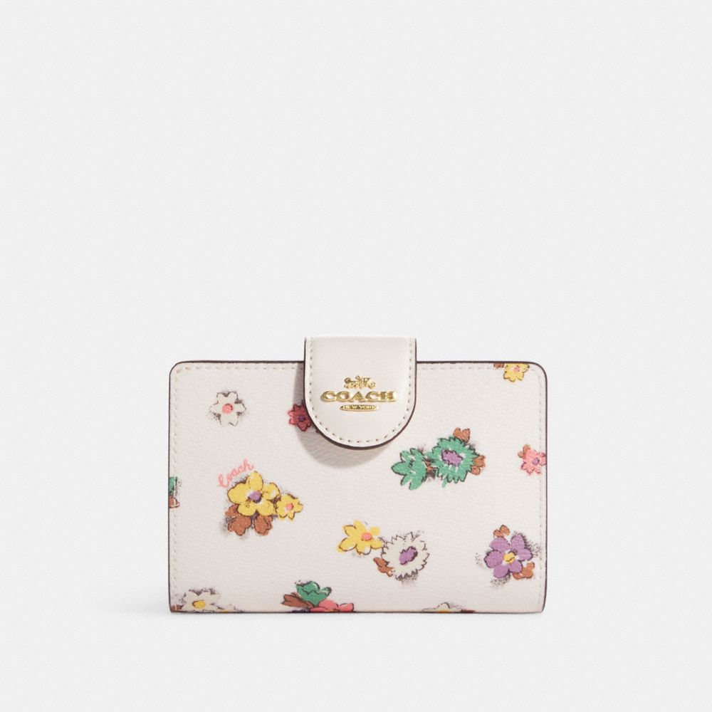 Medium Corner Zip Wallet With Spaced Floral Field Print - CA737 - Gold/Chalk Multi