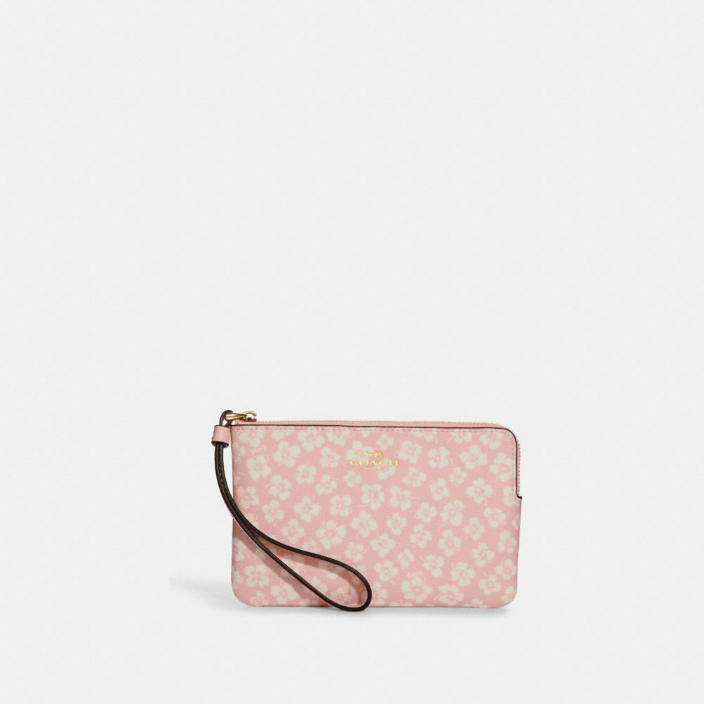 Corner Zip Wristlet With Graphic Ditsy Floral Print - CA785 - Gold/Pink Multi