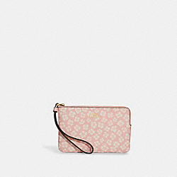 COACH CA785 Corner Zip Wristlet With Graphic Ditsy Floral Print GOLD/PINK MULTI