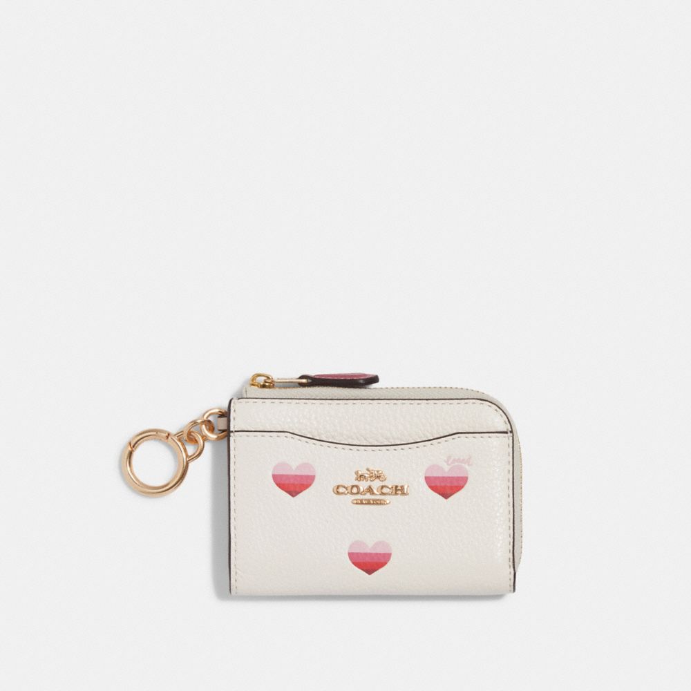 COACH CA794 L Zip Card Case With Stripe Heart Print Gold/Chalk Multi