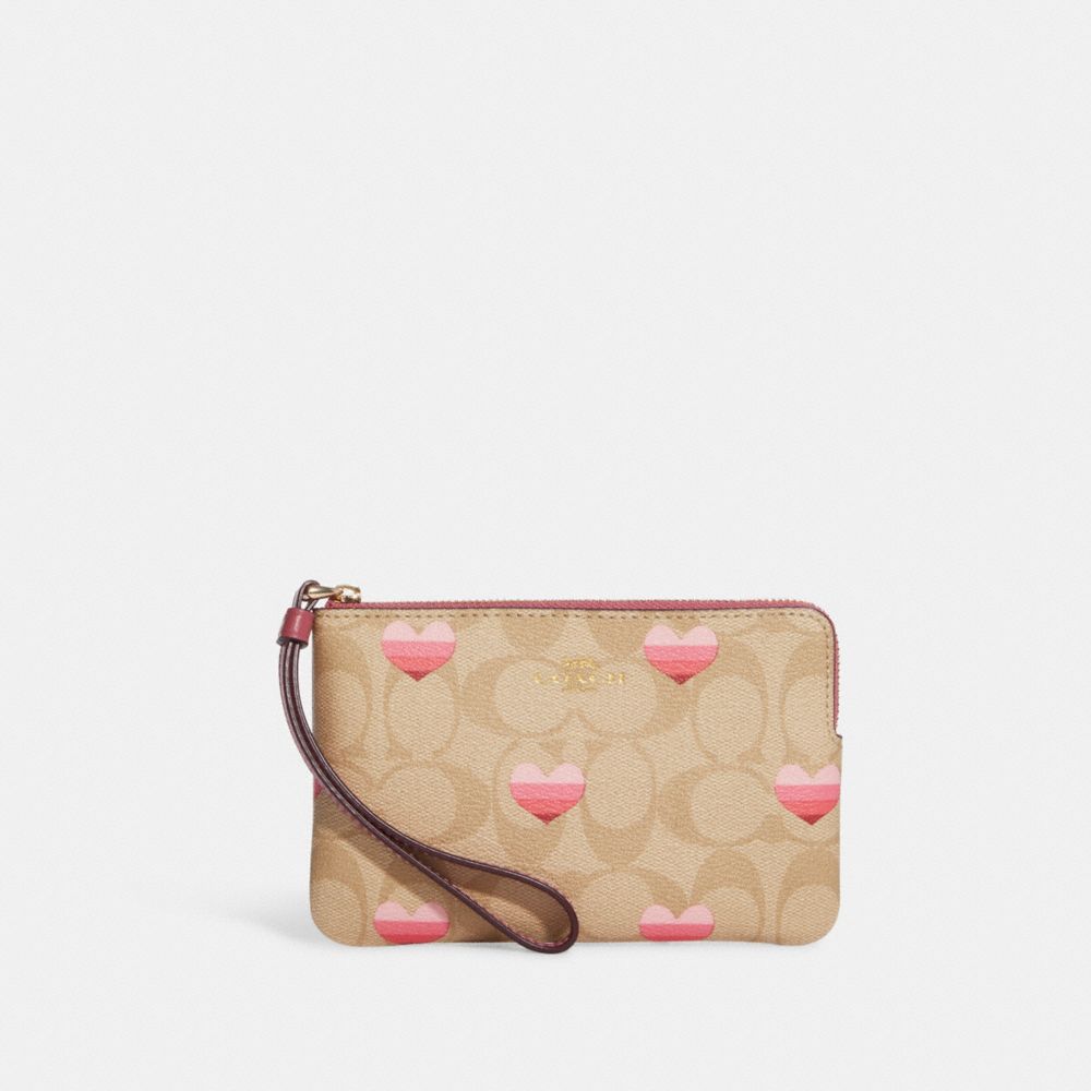 Corner Zip Wristlet In Signature Canvas With Stripe Heart Print - CA795 - Gold/Light Khaki Multi