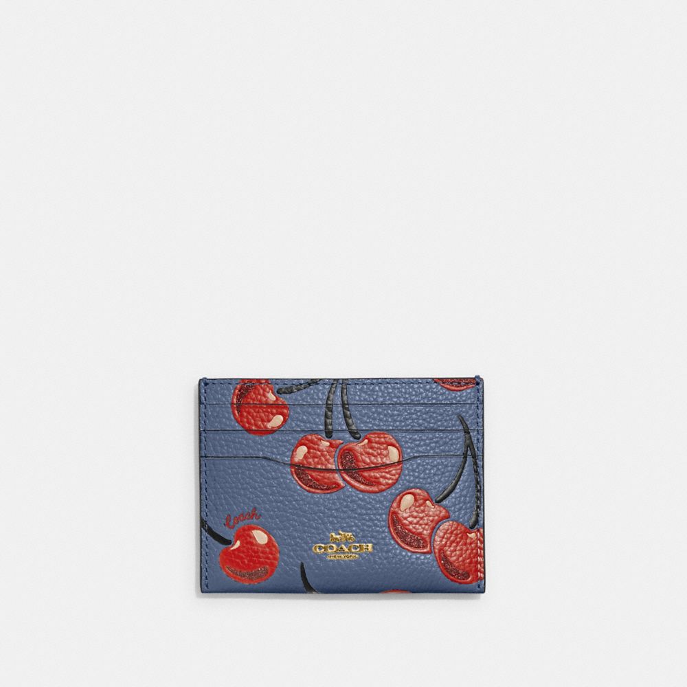 COACH CA803 Card Case With Cherry Print Brass/Washed Chambray