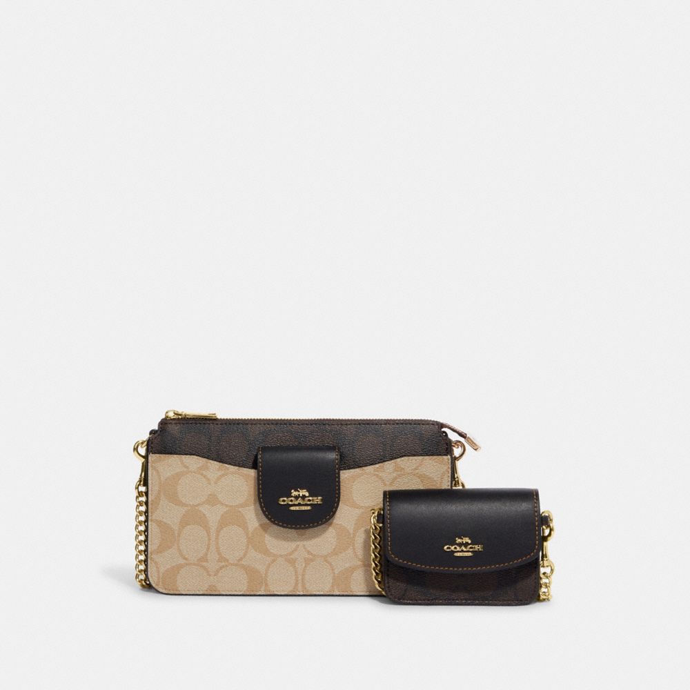 Poppy Crossbody With Card Case In Blocked Signature Canvas - CA843 - IM/Light Khaki/Brown Multi