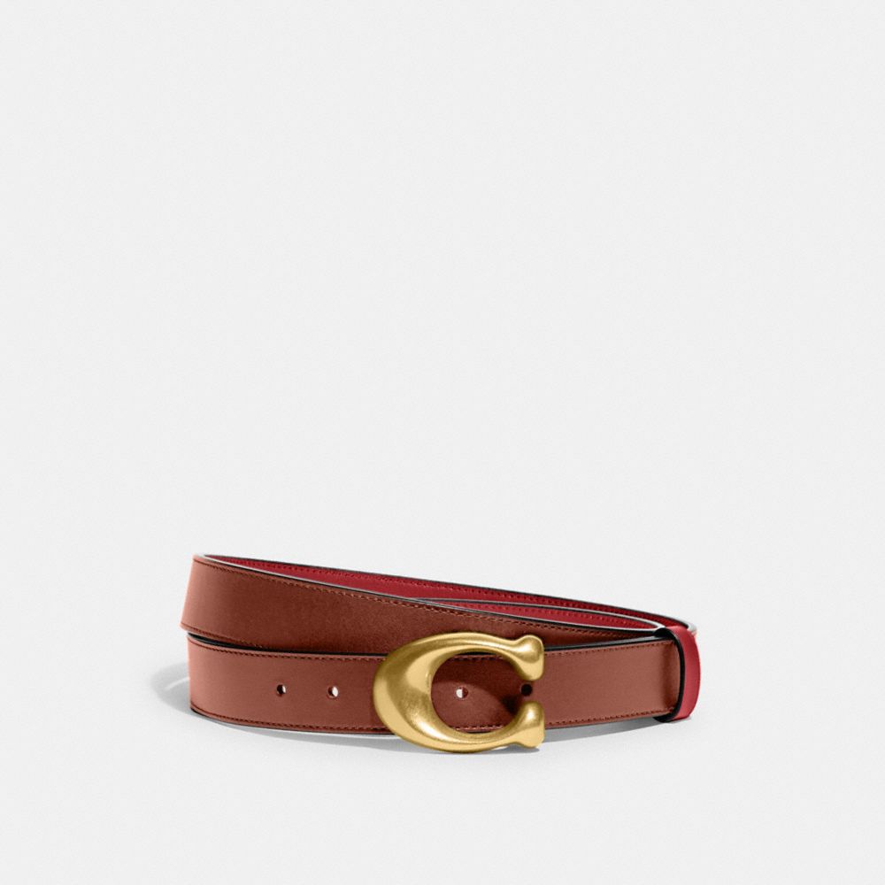 COACH CA850 Sculpted C Buckle Cut To Size Reversible Belt, 32 Mm Brass/Red/1941 Saddle