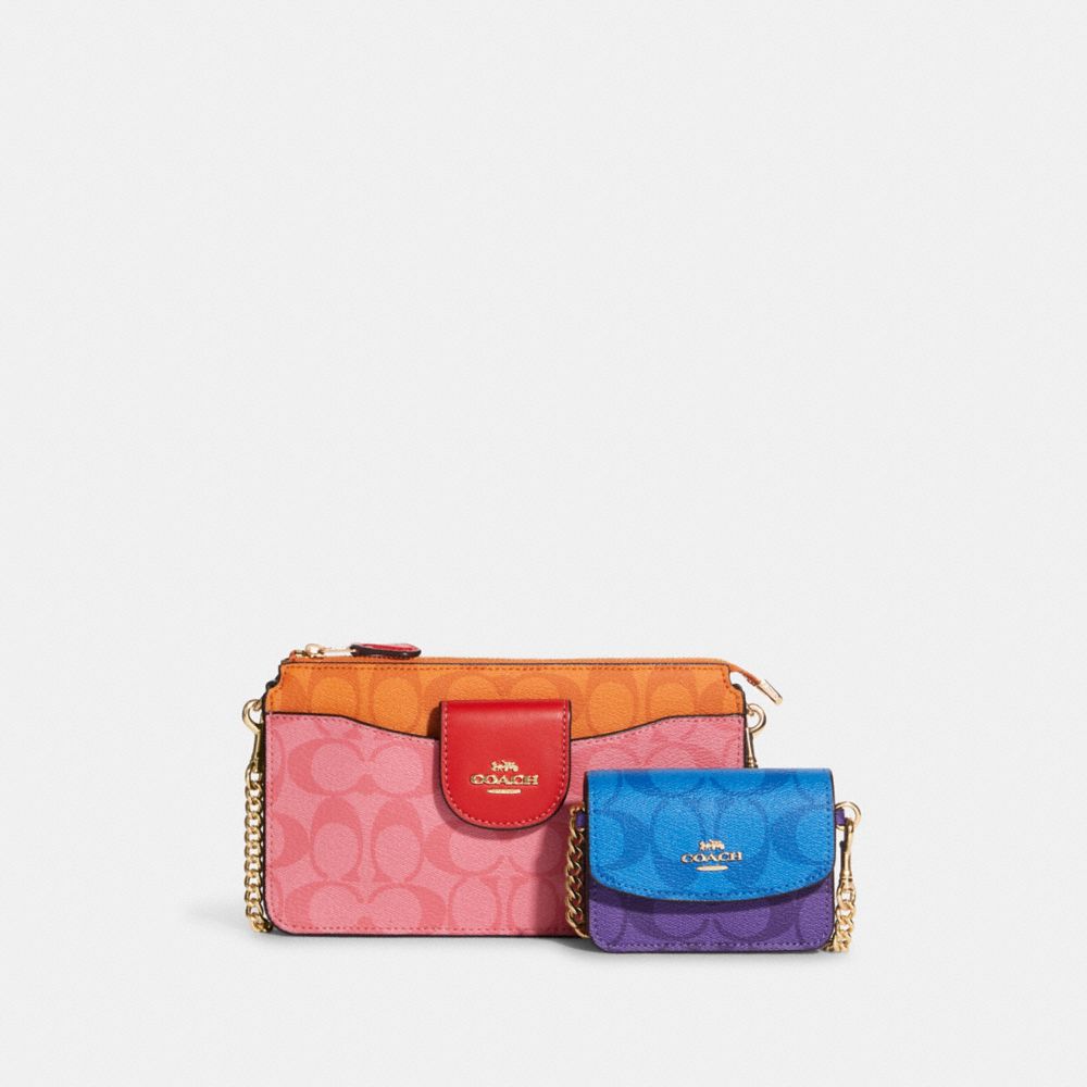 COACH CA864 Poppy Crossbody With Card Case In Blocked Signature Canvas GOLD/PINK LEMONADE MULTI