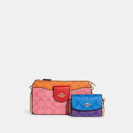 COACH Poppy Crossbody With Card Case In Blocked Signature Canvas - GOLD/PINK LEMONADE MULTI - CA864