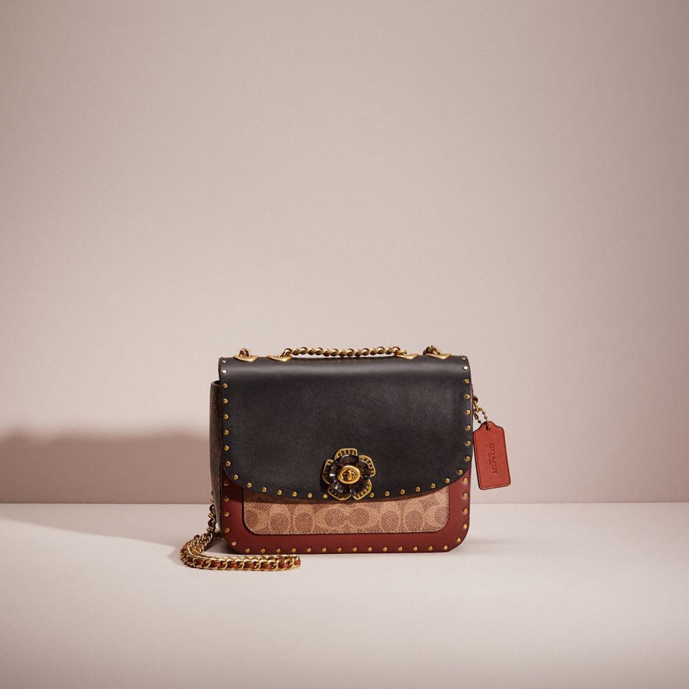 CA932 - Restored Madison Shoulder Bag In Signature Canvas With Rivets And Snakeskin Detail Brass/Tan/Rust