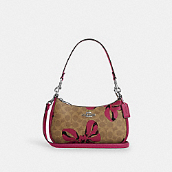 Teri Shoulder Bag In Signature Canvas With Bow Print - CAA70 - Silver/Tan/Pink Multi