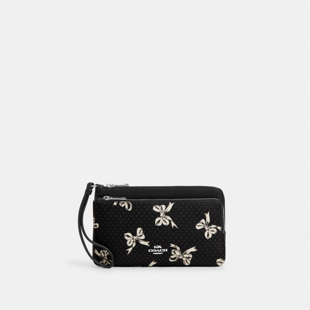 Double Zip Wallet With Bow Print - CAA85 - Silver/Black Multi