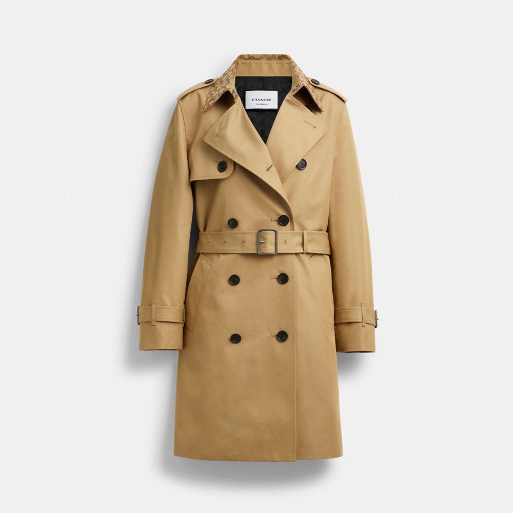 COACH&reg;,Mid Trench Coat With Signature Collar,Cotton Blend,Viscose,Polyester,Polyester Blend,Cotton,Trench,Epaulettes,Butto...,Beige,Front View