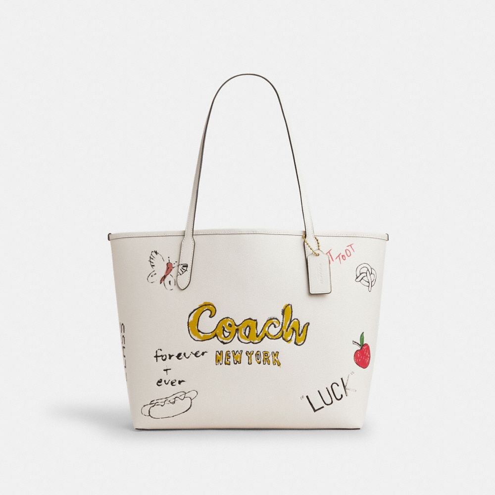 COACH CAK18 City Tote Bag With Sketch Print GOLD/CHALK MULTI