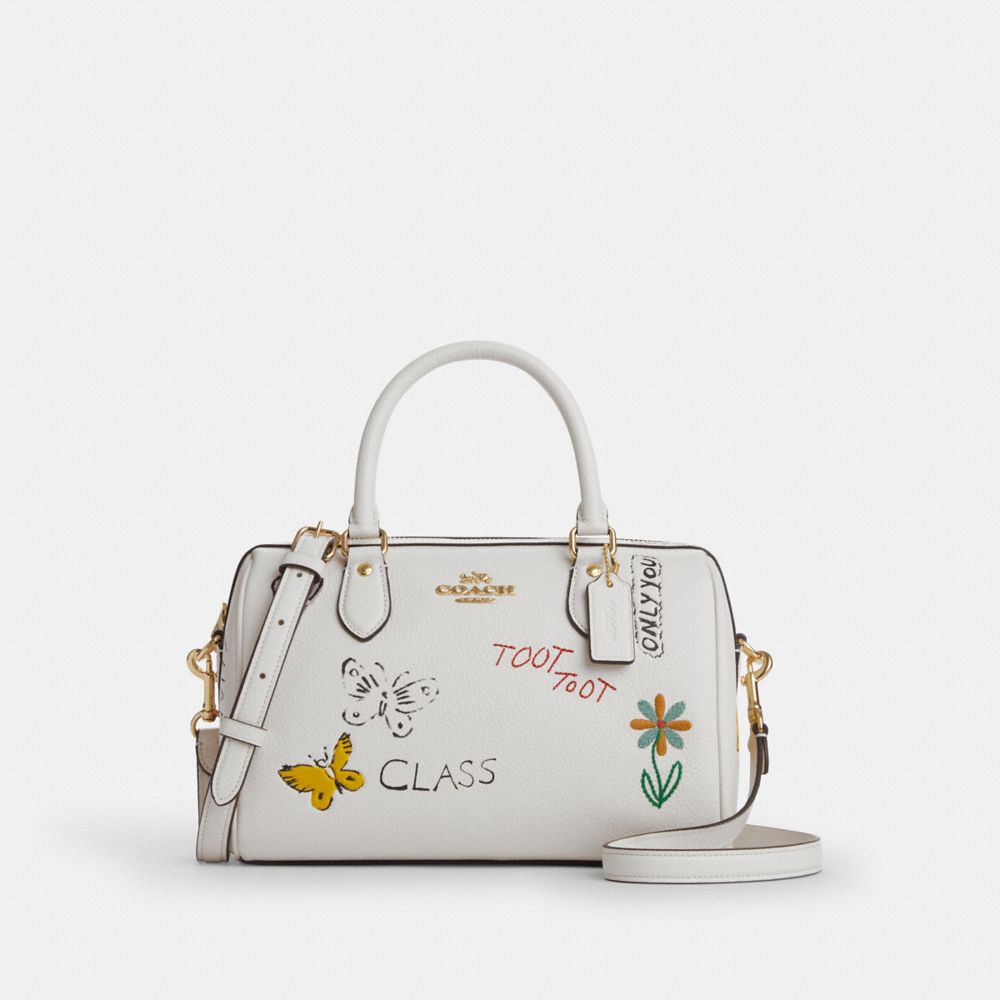 COACH CAK19 Rowan Satchel Bag With Sketch Print GOLD/CHALK MULTI