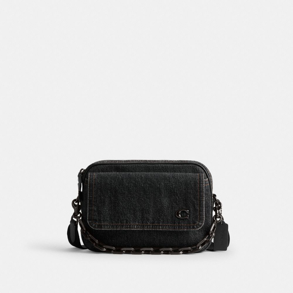 COACH&reg;,Charter Flap Crossbody Bag 24,Lining Canvas,Calfskin Leather,Cotton,Fabric,Leather,Denim,Crossbody,Metal,Logo,Gunme...,Black,Front View