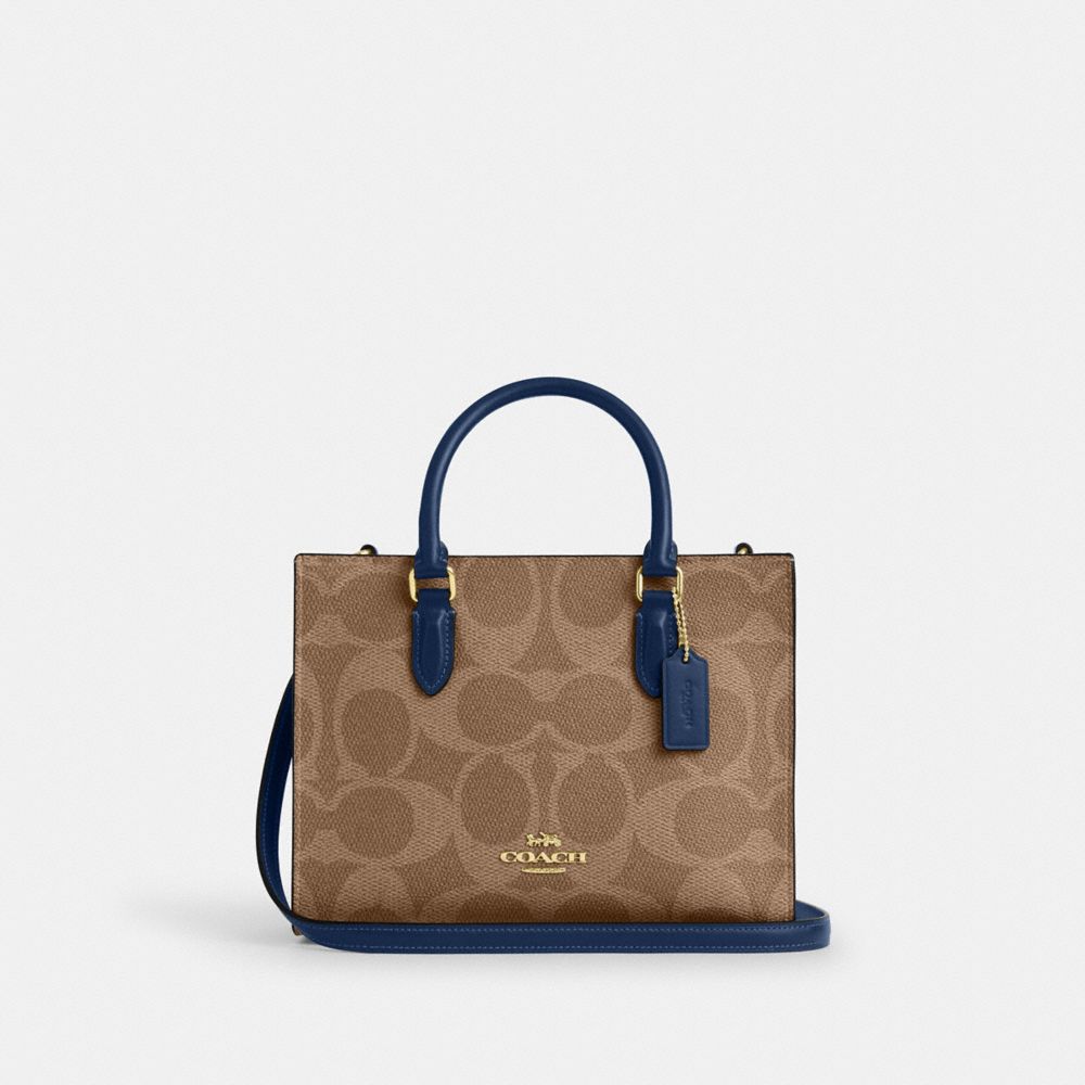 Maggie Small Tote Bag In Signature Canvas - CAL28 - Gold/Tan/Deep Blue