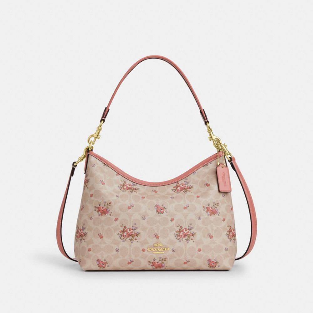 Laurel Shoulder Bag In Signature Canvas With Floral Print - CAL36 - Gold/Sand Multi