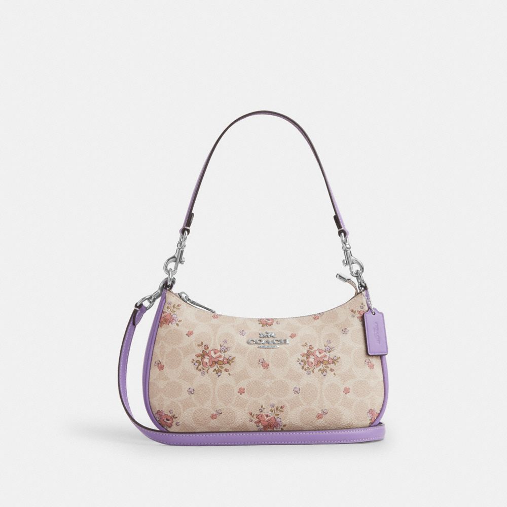 Teri Shoulder Bag In Signature Canvas With Floral Print - CAL37 - Silver/Sand Multi