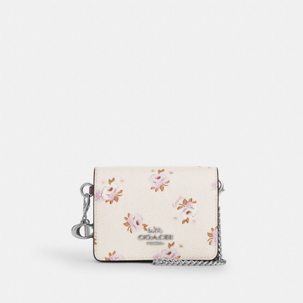 COACH CAL70 Boxed Mini Wallet On A Chain With Floral Print SILVER/CHALK MULTI