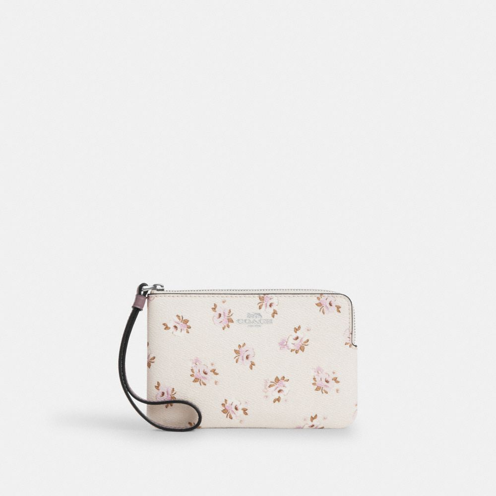 Corner Zip Wristlet With Floral Print - CAL72 - Silver/Chalk Multi