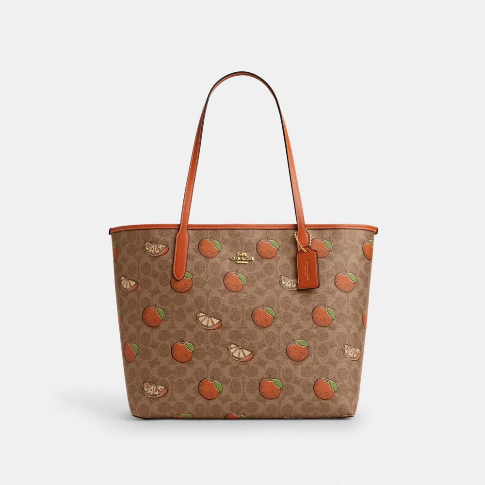 City Tote Bag In Signature Canvas With Orange Print - CAL74 - Gold/Tan Multi
