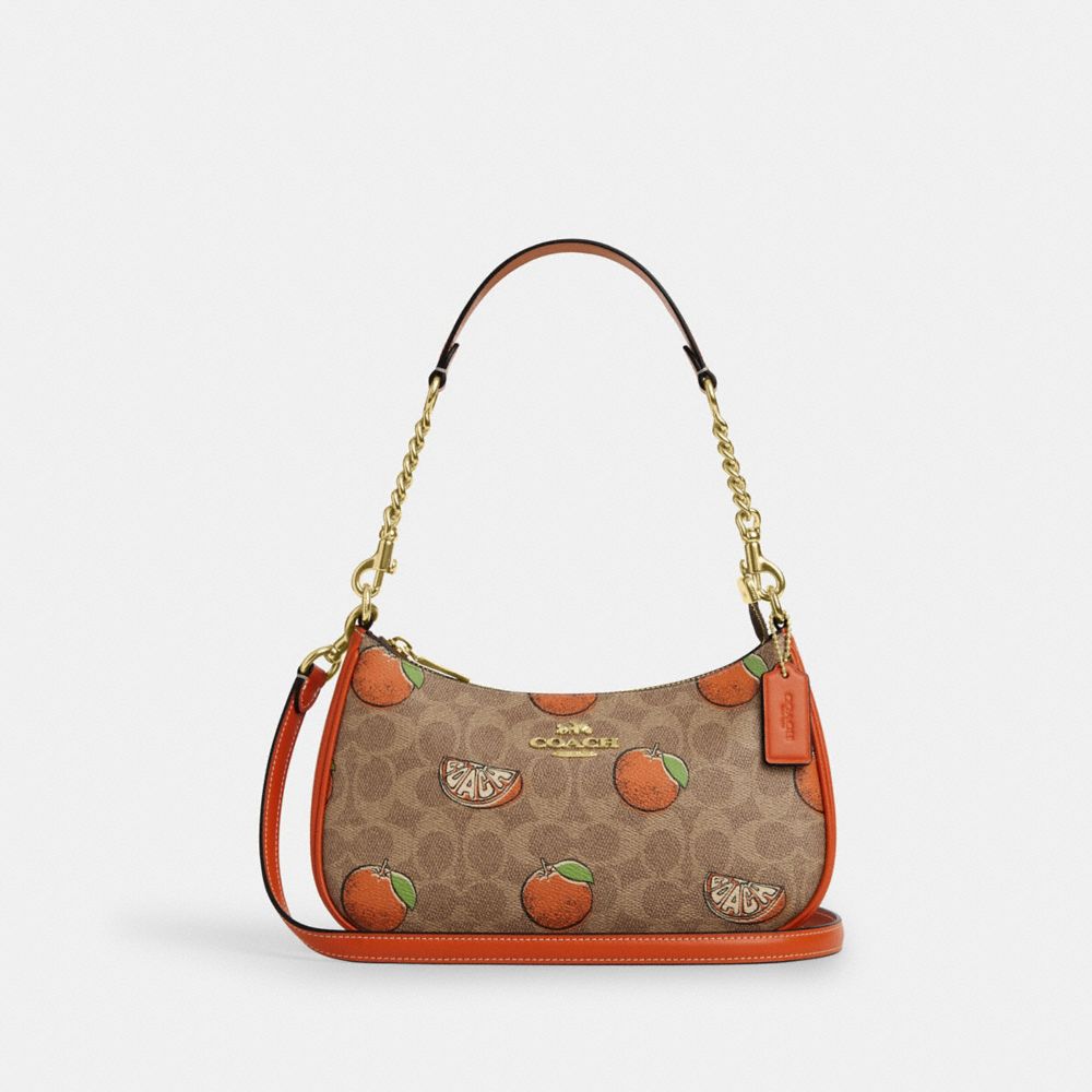 Teri Shoulder Bag In Signature Canvas With Orange Print - CAL80 - Gold/Tan Multi