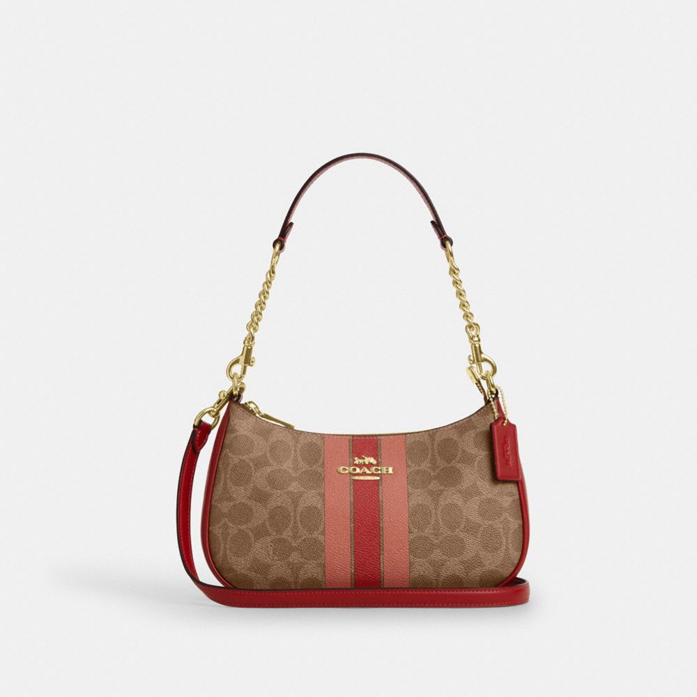 Teri Shoulder Bag In Signature Canvas With Stripe - CAL81 - Gold/Tan Multi
