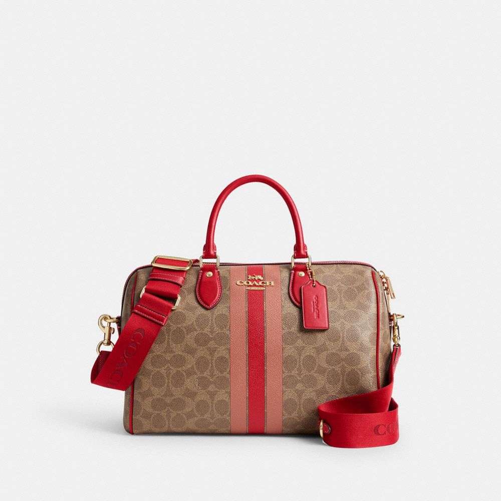 Rowan Large Satchel Bag In Signature Canvas With Stripe - CAL83 - Gold/Tan Multi