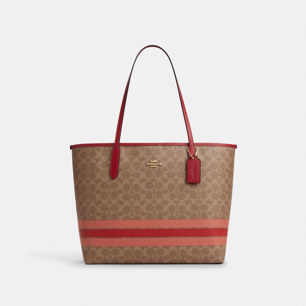 City Tote Bag In Signature Canvas With Stripe - CAL86 - Gold/Tan Multi