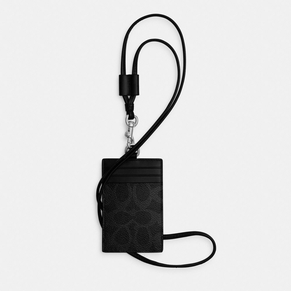 COACH&reg;,Id Lanyard In Signature Canvas,Denim,Leather,Bag Accessories,Card Case,Mixed Media,Key Ring,Casual,Black,Front View