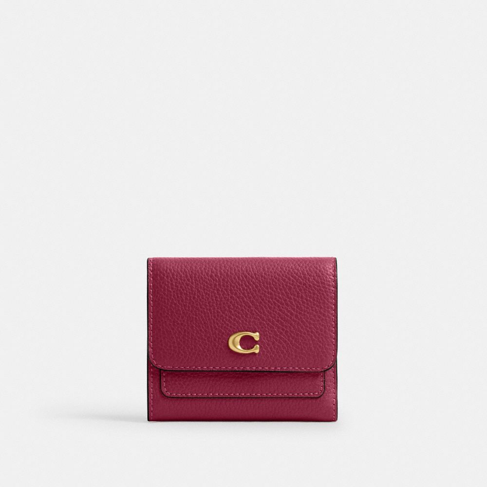 COACH&reg;,Mila Small Flap Wallet,Leather,Tri Fold,Logo,Metal,Casual,Brass/Dark Fuchsia