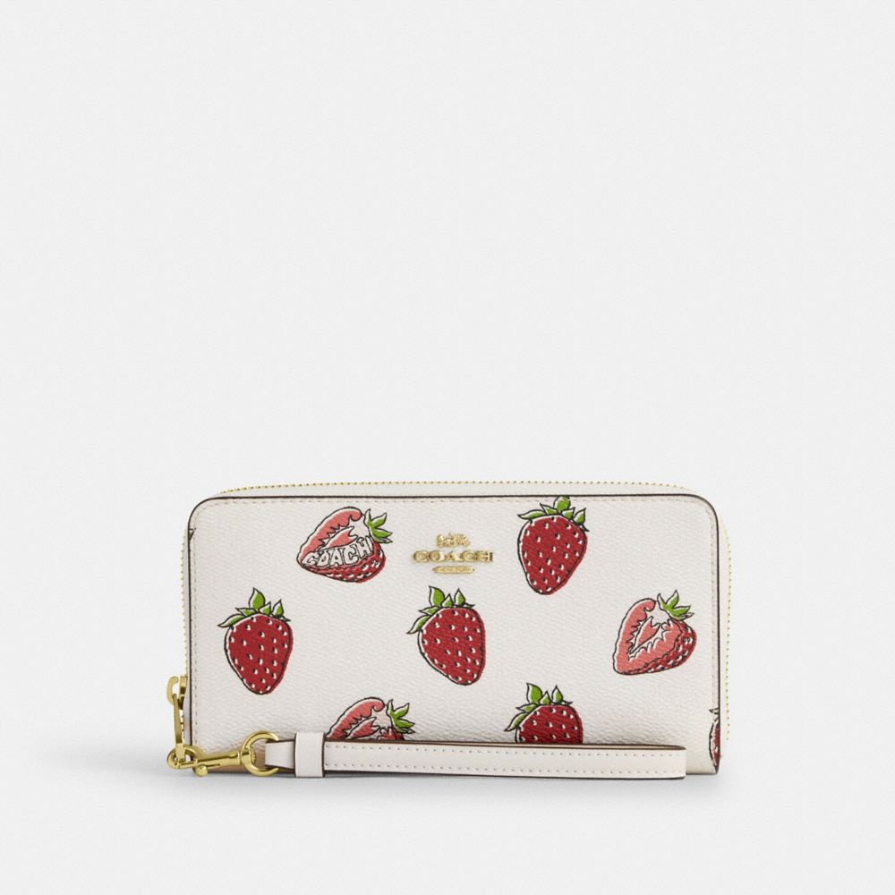 COACH CAO90 Long Zip Around Wallet With Strawberry Print GOLD/CHALK MULTI