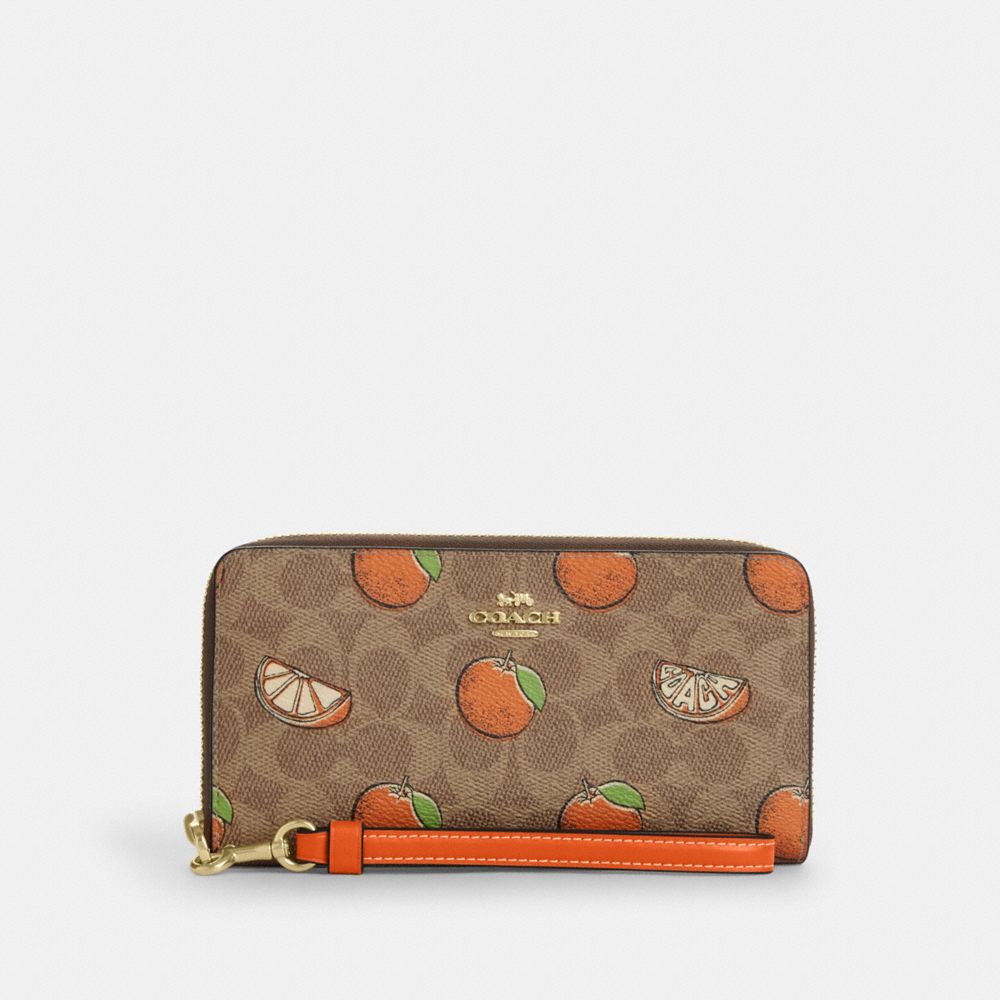 COACH CAO92 Long Zip Around Wallet In Signature Canvas With Orange Print GOLD/TAN MULTI