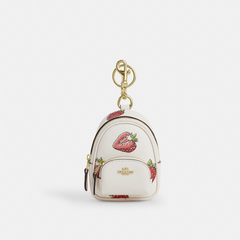 COACH CAO93 Mini Court Backpack Bag Charm With Strawberry Print GOLD/CHALK MULTI