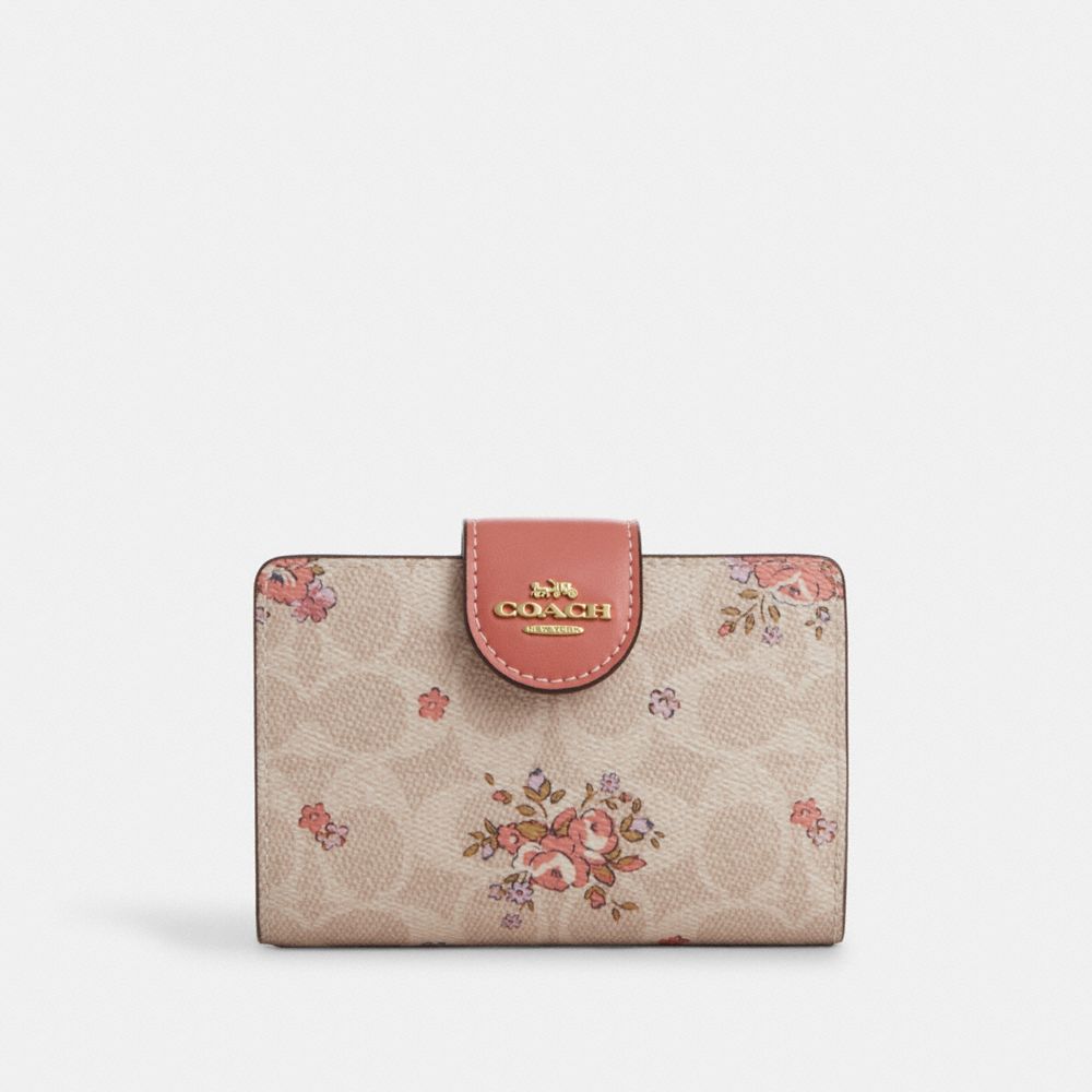 Medium Corner Zip Wallet In Signature Canvas With Floral Print - CAO99 - Gold/Sand Multi