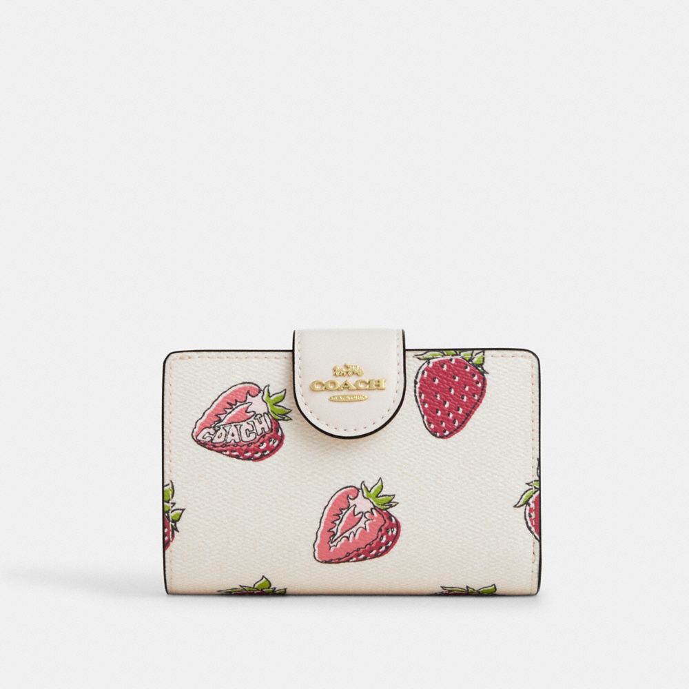 COACH CAP01 Medium Corner Zip Wallet With Strawberry Print GOLD/CHALK MULTI