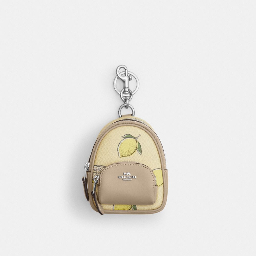 COACH CAP03 Mini Court Backpack Bag Charm With Lemon Print SV/GARDEN GLADE MULTI