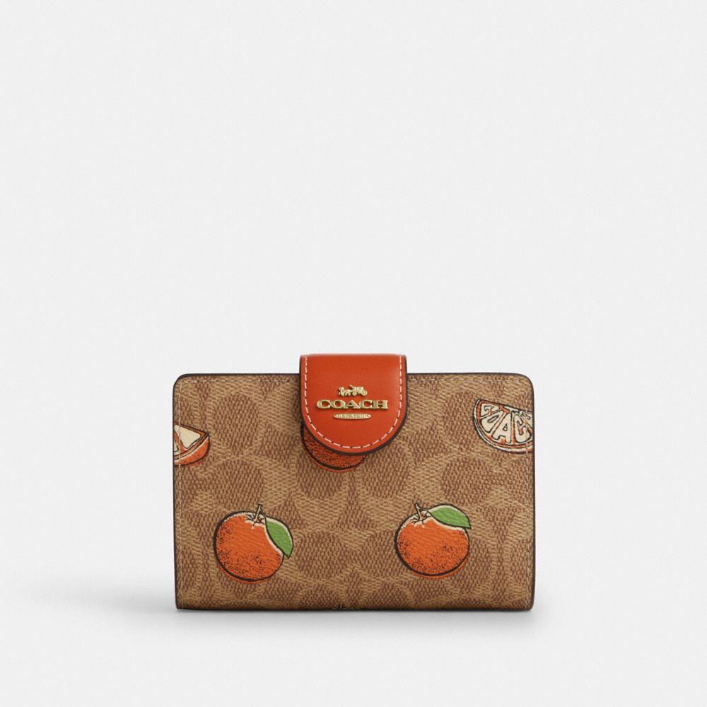 COACH CAP04 Medium Corner Zip Wallet In Signature Canvas With Orange Print GOLD/TAN MULTI