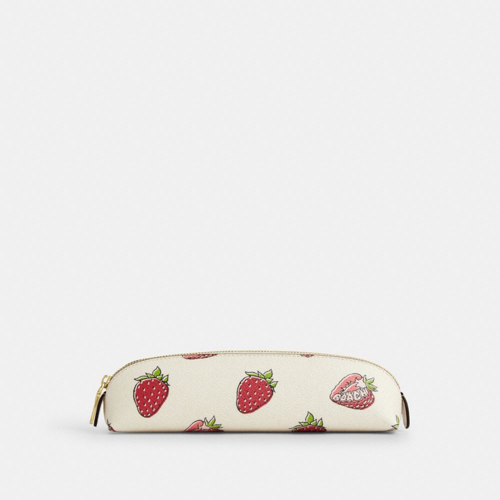 COACH CAP08 Pencil Case With Strawberry Print GOLD/CHALK MULTI
